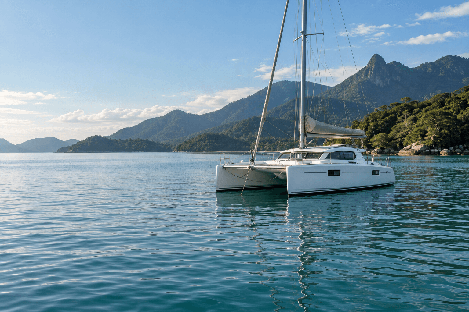 Imagem ilustrativa de um catamarã navegando junto à costa